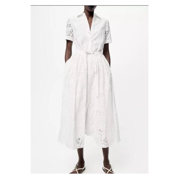 Zara Blogger Favorite White Eyelet Button Front Midi Shirt Dress Sz.S - Picture 1 of 13